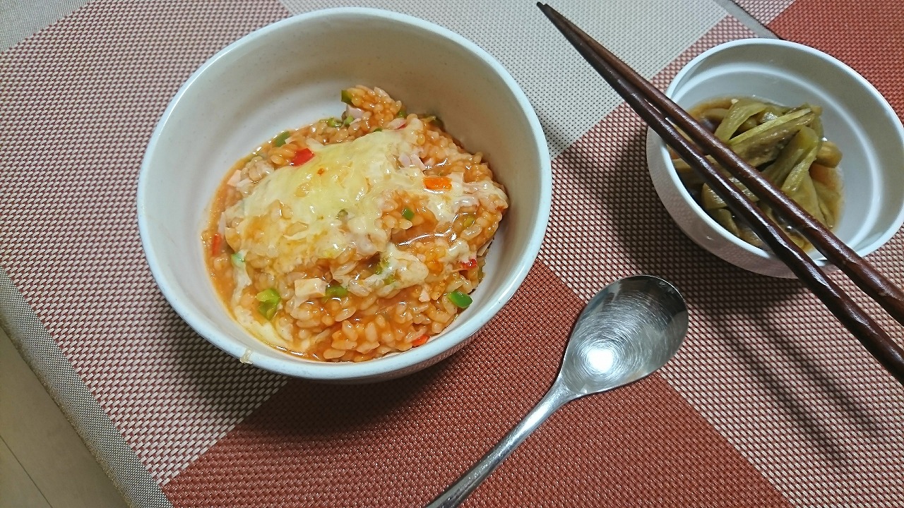 簡単晩飯 トマトリゾット風 お粥 OTOKOMESHI-4